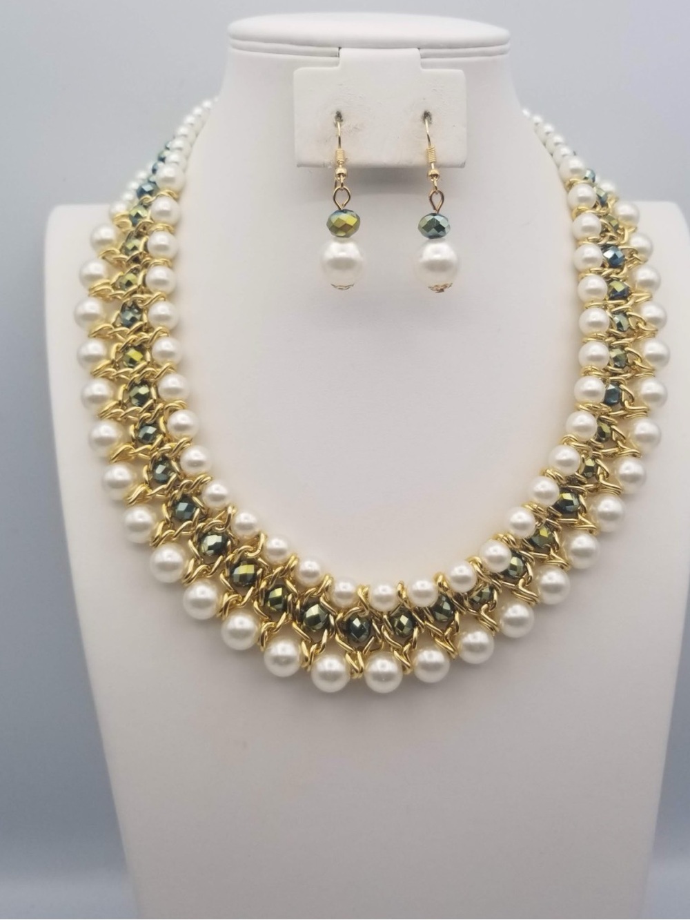 Gold-Tone Pearl & Faceted Crystal Statement Necklace Set - Elegant White Pearls